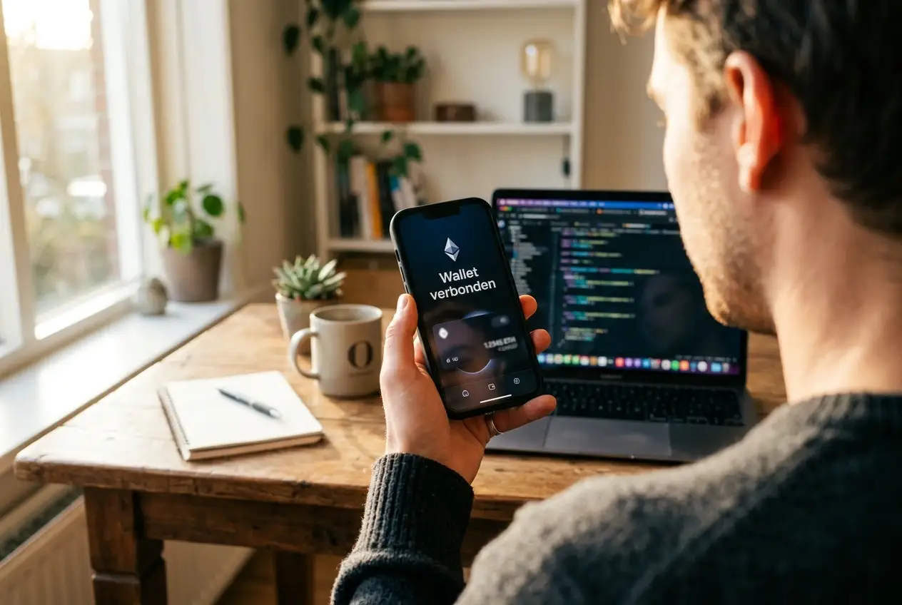 Persoon gebruikt smartphone met crypto-wallet op een tafel