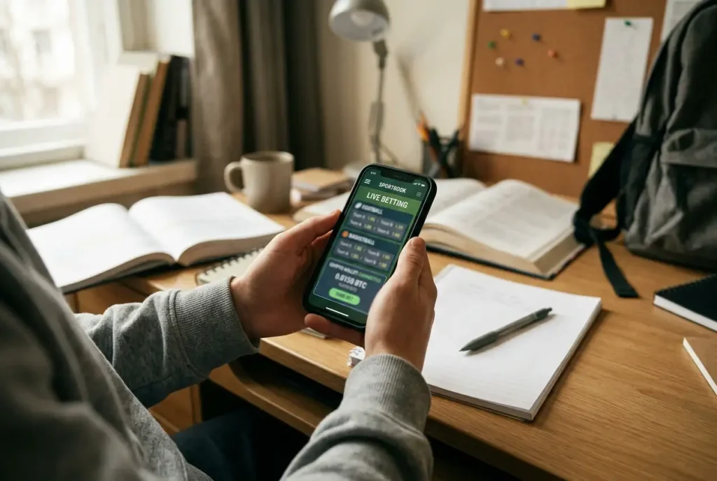 Jongvolwassene die een sportsbook app gebruikt op een smartphone voor wedden
