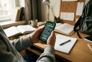 Jongvolwassene die een sportsbook app gebruikt op een smartphone voor wedden