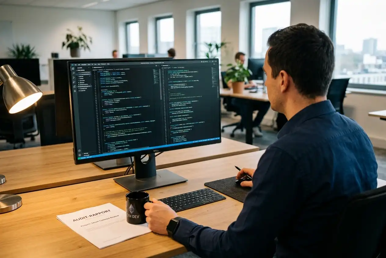 Programmeur bekijkt smart-contract code op een groot scherm